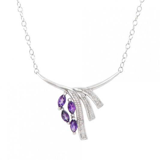 Women's White Gold Rhodium Over Sterling Silver ~  Amethyst Diamond 18 Inch Designer Necklace